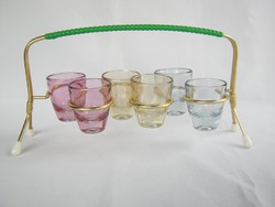 Retro színes üveg pálinkás pohár készlet fém tartóval