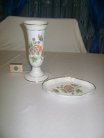 Hollóházi virágos, pillangós asztali szett - váza és kínáló tál