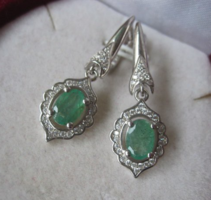 Természetes, fűzöld smaragd köves szecessziós fülbevaló- 925 ezüst