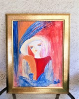 Kata Szabo: "next to a blue table" oil painting, 30x40 wood fiber, with a nice frame