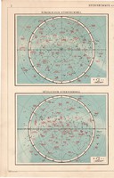 Északi és déli csillagos ég, térkép 1909, eredeti, atlasz, csillagászat, német, csillagkép, égbolt