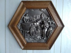 Handmade tin relief / relief / old village vintage in hexagonal wooden frame!