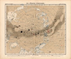 A déli csillagos ég térkép 1908, német nyelvű, eredeti, csillag, ég, Justus Perthes, 39 x 48 cm