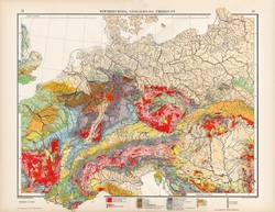Közép - Európa geológiai térkép 1912, német nyelvű, atlasz, 44 x 56, Moritz Perles, Andrees, kőzet
