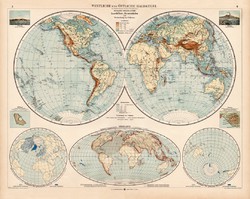 Világtérkép 1902, német, atlasz, 44 x 55, Moritz Perles, északi és déli félteke, térkép, vízrajzi