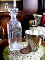 Antique Polished Crystal Liquor Bottle with Whiskey Inscription Silver Plated Label with Silver Plated Ice Bucket