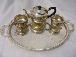 Hatalmas tálcával ezüstözött teás - kávés készlet, kanna, tejes vagy tejszínes, cukortartó kanállal
