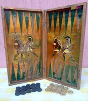 Antique backgammon or battenboard, copper clad with birds and fighting scenes from Greece