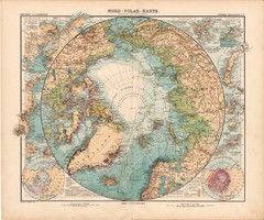 Északi - sark térkép 1908, német atlasz, nagy méret, 39 x 48 cm, Grönland, Szibéria, Spitzbergák