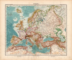 Európa politikai térkép 1908, német atlasz, nagy méret, 39 x 48, hajóforgalom, vasút 