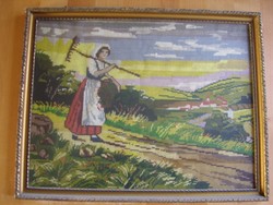 Gobelin kép: falusi asszony (méret: 50,5 cm x 39,5 cm)