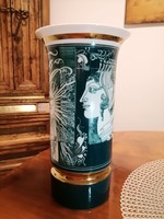 Hollóházi Szász Endre porcelán zöld váza 26 cm
