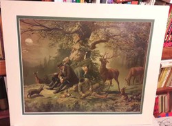 Régi olajnyomat pár, humoros vicces vadászjelenet piknik úri vadászat szarvas őz nyúl kutyák erdő
