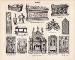 Sírkő, egyszín nyomat 1894, német nyelvű, eredeti, temetkezés, sír, szarkofág, XV., XVI. század