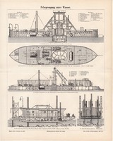Vízfelszín alatti bányászat, egyszínű nyomat 1894, német, eredeti, hajó, kitermelés, fúró, Duna