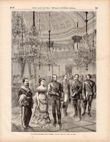 Bál Velencében, Ferenc József, metszet 1875, eredeti, német, újság, 22x31, fametszet, Palazzo Reale