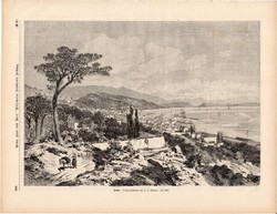 Fiume, metszet 1875, eredeti, német, újság, 22 x 31, fametszet, város, kikötő, tenger, part, horvát