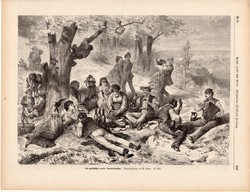 Kellemes bécsi, vasárnapi kirándulás, metszet 1875, eredeti, német, újság, 22 x 31, fametszet, tánc