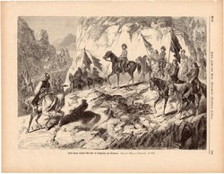 Ferenc József dalmáciai hegyi úton lovagol, metszet 1875, eredeti, német, újság, 22 x 31, fametszet