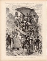 Lóvasút Berlin - Charlottenburg, metszet 1875, eredeti, német, újság, 22 x 31, fametszet, vasárnap