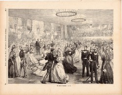 Bál Reykjavíkban, metszet 1875, eredeti, német, újság, 22 x 32 cm, fametszet, Izland, tánc