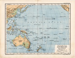 Ausztrália és Polinézia térkép 1885, eredeti, német nyelvű, osztrák atlasz, Kozenn, hegy, vízrajz