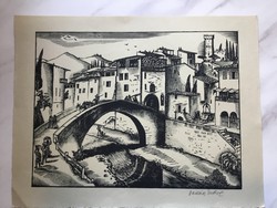 Vadász Endre (1901 - 1944) : Mediterrán város fametszet, jelezve