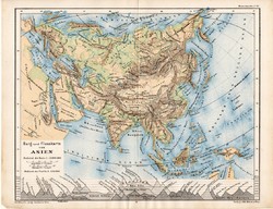 Ázsia térkép 1885, eredeti, német nyelvű, osztrák atlasz, Kozenn, kelet, Kína, India, hegy, vízrajz