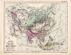 Ázsia politikai térkép 1885, eredeti, német nyelvű, osztrák atlasz, Kozenn, kelet, Kína, India