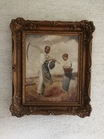 Gyönyörű antik festmény, szignált szüret. Búza aratás kaszával élethű kép! Szép blondel keretben! 