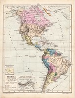 Amerika térkép 1885, eredeti, német nyelvű, osztrák atlasz, Kozenn, észak, közép, dél, kontinens