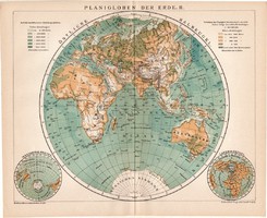 Keleti félteke térkép 1894, német, eredeti, lexikon melléklet, Brockhaus, világtérkép, világ, Európa