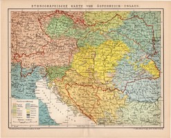 Osztrák - Magyar Monarchia etnográfiai térkép 1899, német nyelvű, eredeti, Brockhaus, néprajz, nép