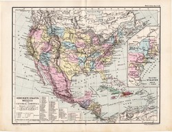 Egyesült Államok térkép 1885, eredeti, német nyelvű, osztrák atlasz, Kozenn, Mexikó, Közép - Amerika