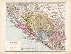Dalmácia térkép 1885, eredeti, német nyelvű, osztrák atlasz, Kozenn, Európa, Bosznia, Hercegovina