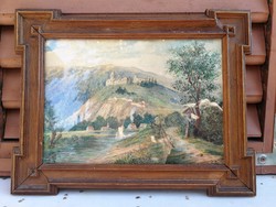 Antik 1800as évekből aqvarell festmény, vízfestmény eredeti antik keretében!Vár rom, Alpesi, Tátra?