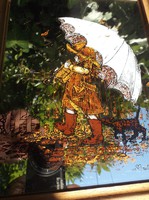 Kép - tükrös - JELZETT - NAGY - Kislányos Őszi téma - 24 x 19 cm - Német - hibátlan 