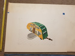 Csavlek András különleges utánfutó-lakókocsi terve (I.), akvarellel vegyes technikával