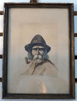  A pipás öreg ember  Balogh festmény akvarell 