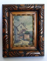 Antik miniatűr olajfestmény dekoratív faragott fa keretben/szignózott/