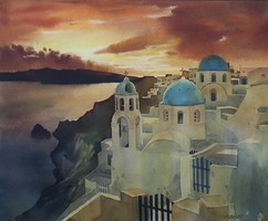 Santorini, beautiful watercolor, indicated