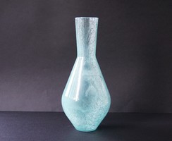 Retro régi 26 cm magas karcagi fátyolüveg repesztett üveg váza jégkék türkiz kék különlegesség 