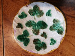 Antik  majolika, kerámia tányér, zöld különleges darab! Levelek, domború majolika! 