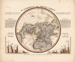 Az izoterm görbék az északi féltekén térkép 1850, eredeti, német, 27 x 32 cm, világ, észak, hegy