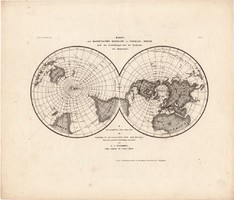Mágneses meridánok térkép 1850, eredeti, német, 27 x 32 cm, világ, mágnesesség, Föld, iránytű, atlas