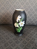Csodaszép fekete matt mázas ANTIK Herendi váza nárcisz festéssel