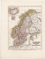 Svédország, Norvégia, Dánia térkép 1850, eredeti, német, atlasz, 24 x 32 cm, Izland, Skandinávia