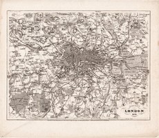 London és környéke térkép 1849, eredeti, német, Meyers Atlas, Anglia, 27 x 31 cm, főváros, Brittania