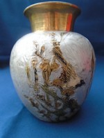 Régi tűzzománc váza - zománcozott váza paradicsom madárral és fákkal  díszítve hibátlan ajándékba