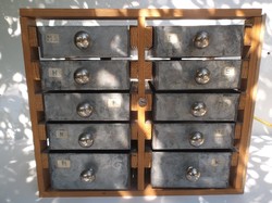 Fém - régi - bádogfiókos tároló - 10 fiókkal - 33 x 27,5 x 18,5 cm